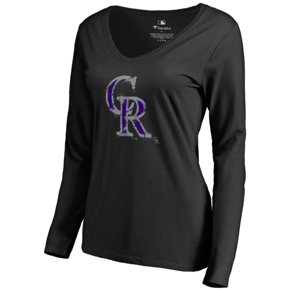 Black Colorado Rockies Women's Splatter Logo Long Sleeve V-Neck T-Shirt