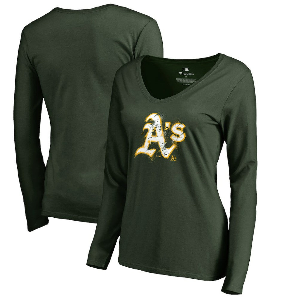 Green Athletics Women's Splatter Logo Long Sleeve V-Neck T-Shirt