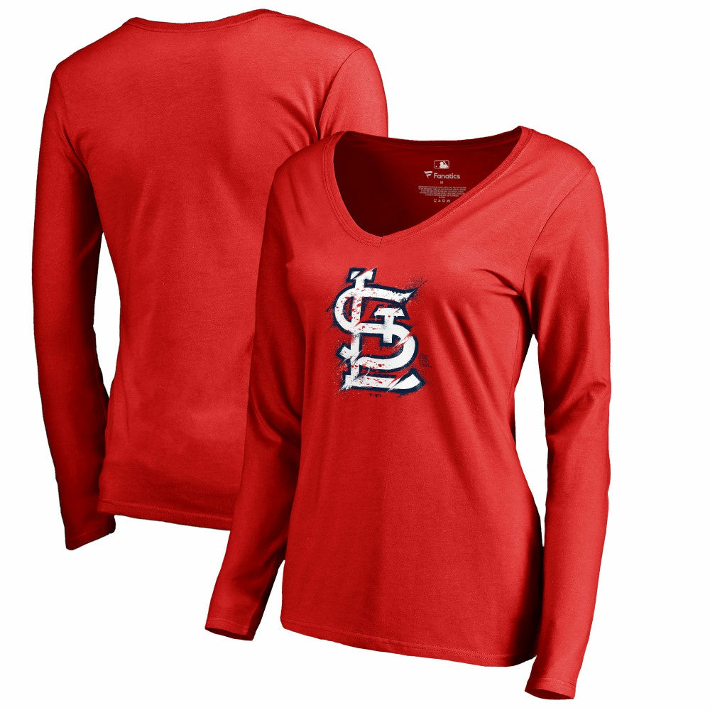 Red St. Louis Cardinals Women's Splatter Logo Long Sleeve V-Neck T-Shirt