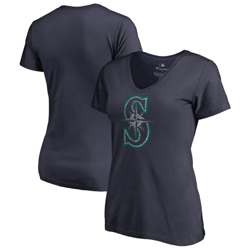 Navy Seattle Mariners Women's Static Logo V-Neck T-Shirt