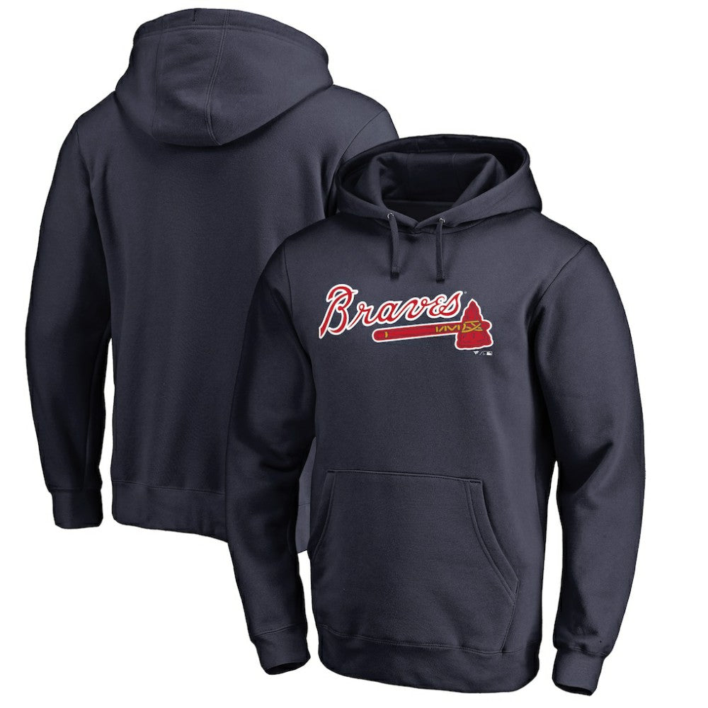 Navy Atlanta Braves Official Wordmark Fitted Pullover Hoodie