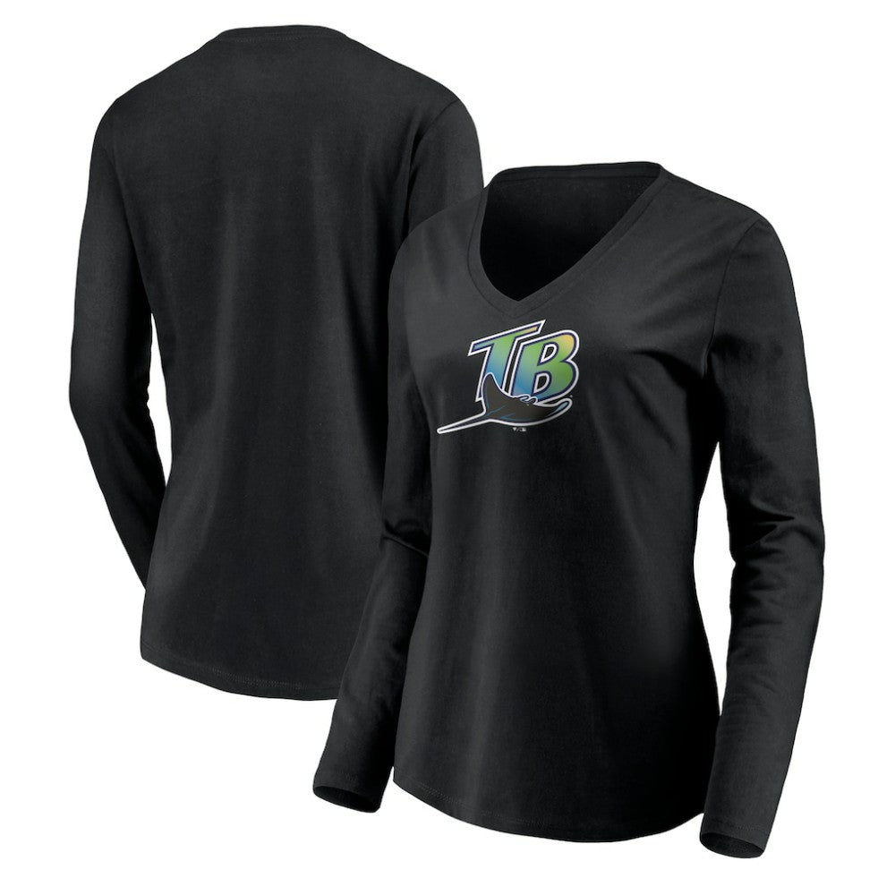 Black Tampa Bay Rays Women's Cooperstown Collection Wahconah Long Sleeve V-Neck T-Shirt