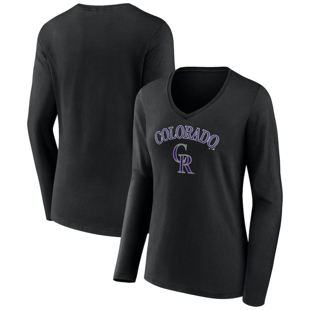 Black Colorado Rockies Women's Team Lockup Slim Fit Long Sleeve V-Neck T-Shirt