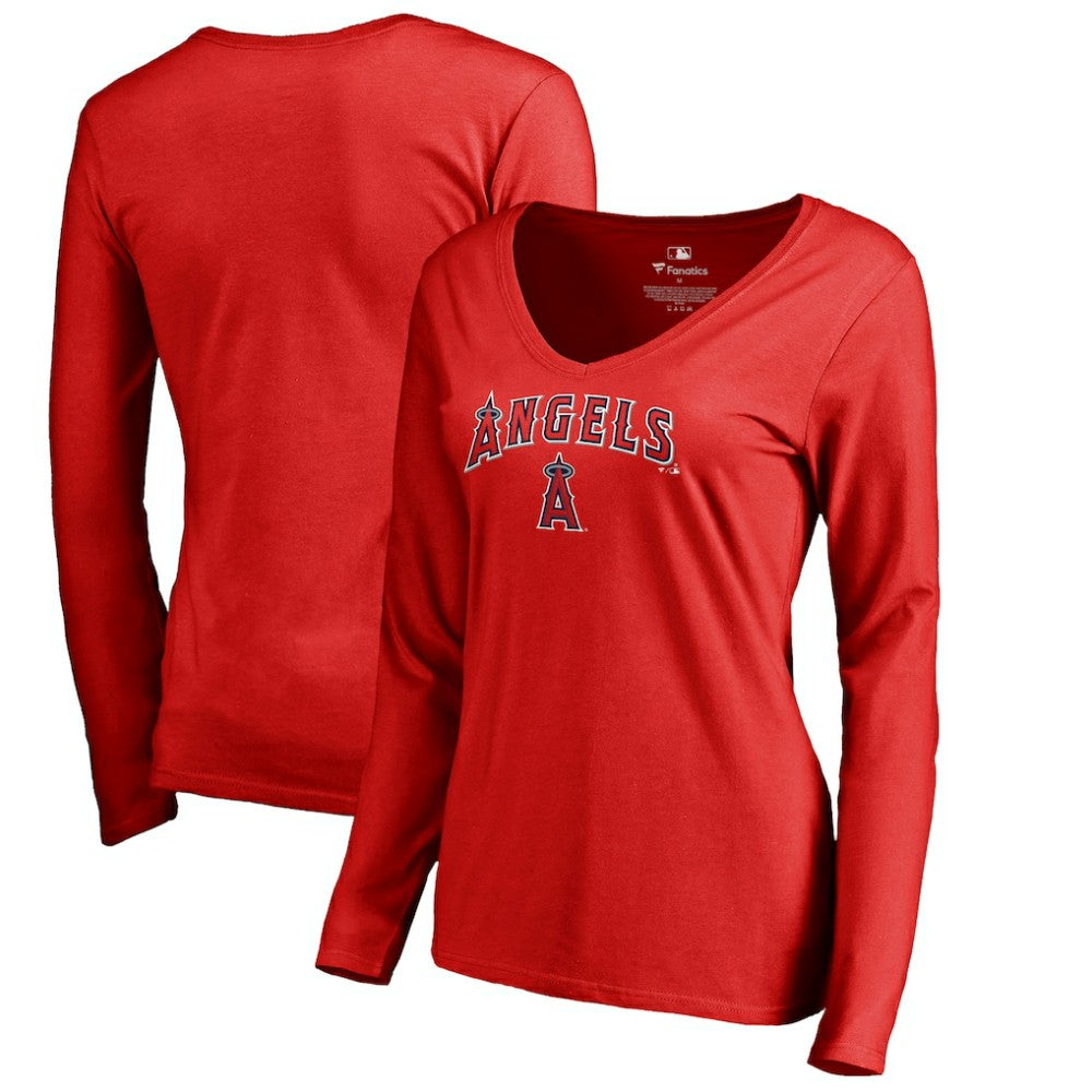 Red Los Angeles Angels Women's Team Lockup Slim Fit Long Sleeve V-Neck T-Shirt
