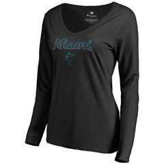 Black Miami Marlins Women's Team Lockup Slim Fit Long Sleeve V-Neck T-Shirt