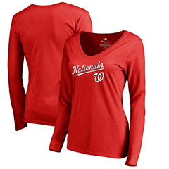 Red Washington Nationals Women's Team Lockup Slim Fit Long Sleeve V-Neck T-Shirt