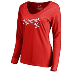 Red Washington Nationals Women's Team Lockup Slim Fit Long Sleeve V-Neck T-Shirt