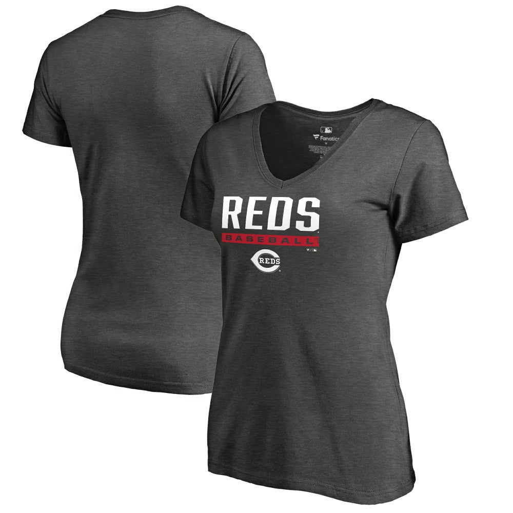 Ash Cincinnati Reds Women's Win Stripe V-Neck T-Shirt
