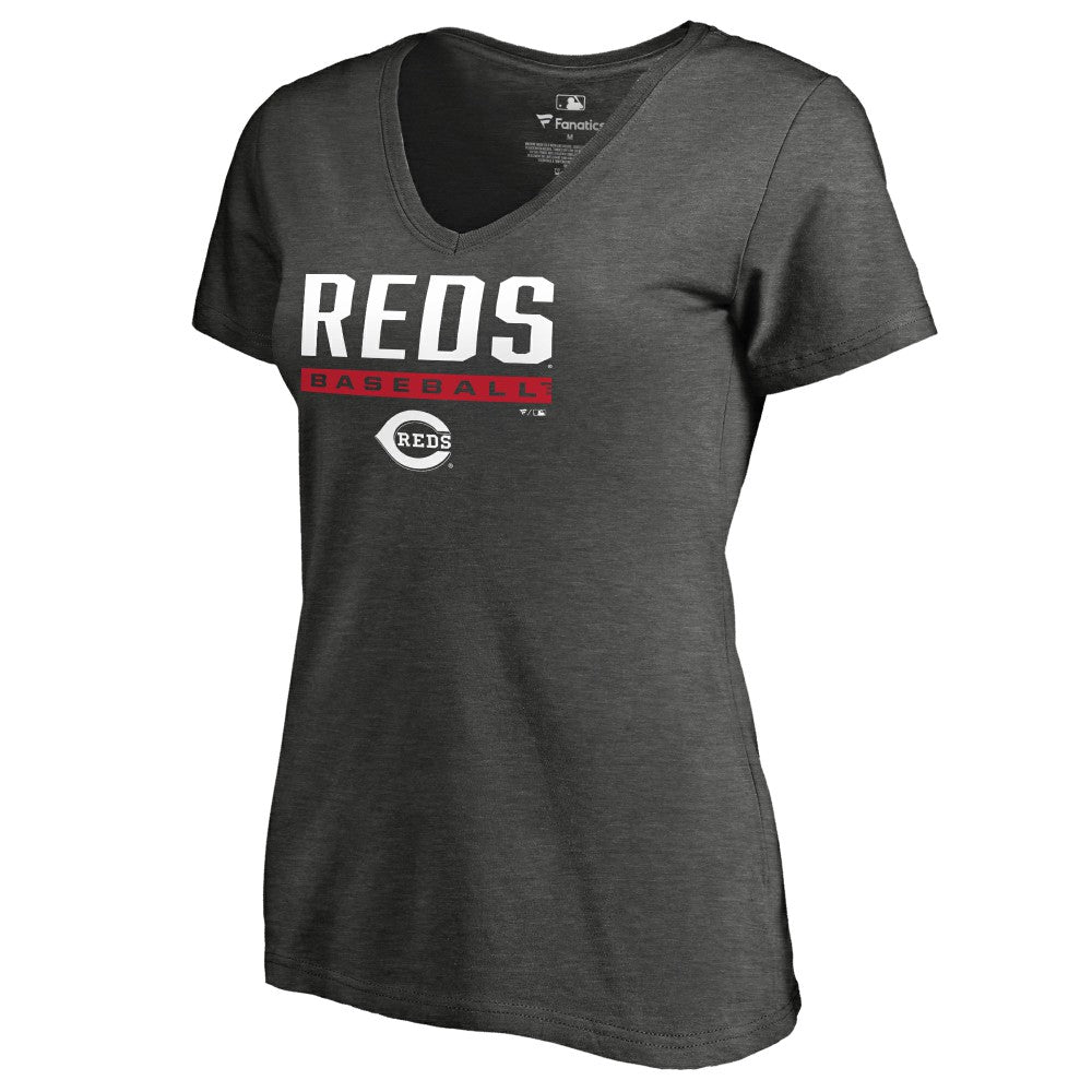 Ash Cincinnati Reds Women's Win Stripe V-Neck T-Shirt