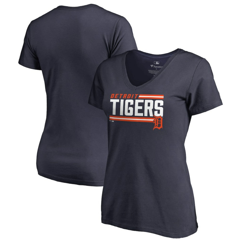 Navy Detroit Tigers Women's Onside Stripe V-Neck T-Shirt
