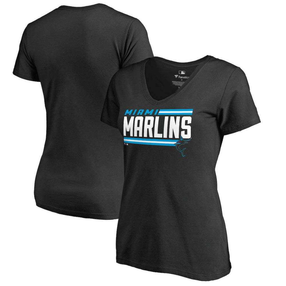 Black Miami Marlins Women's Onside Stripe V-Neck T-Shirt
