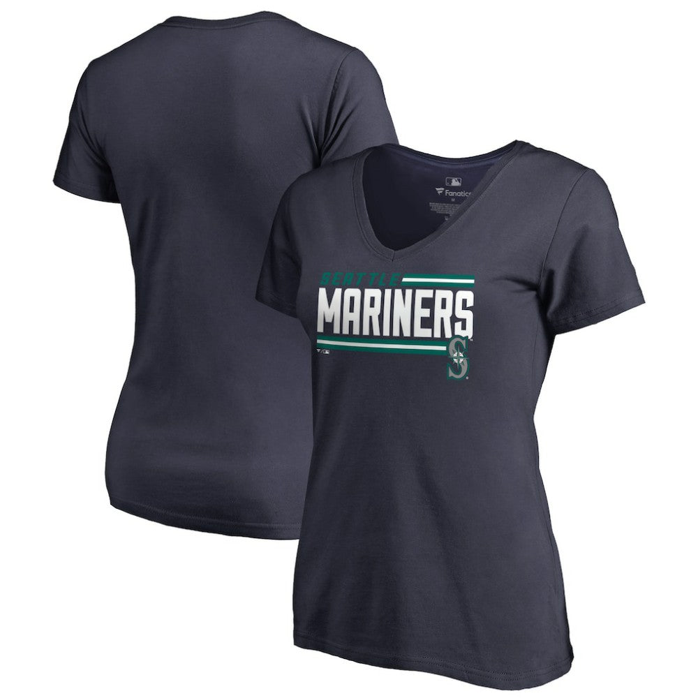 Navy Seattle Mariners Women's Onside Stripe V-Neck T-Shirt