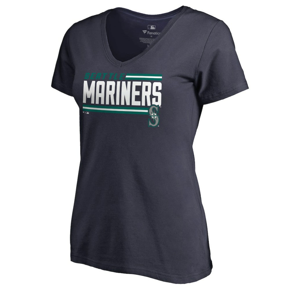 Navy Seattle Mariners Women's Onside Stripe V-Neck T-Shirt