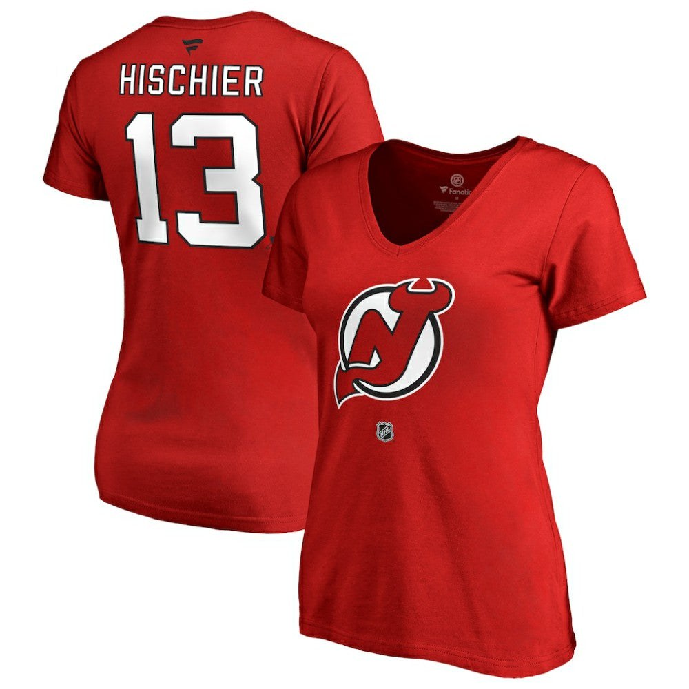 NHL Nico Hischier New Jersey Devils Women's Authentic Stack Name & Number V-Neck T-Shirt