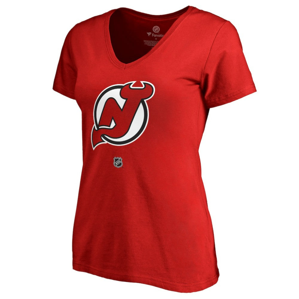 NHL Nico Hischier New Jersey Devils Women's Authentic Stack Name & Number V-Neck T-Shirt