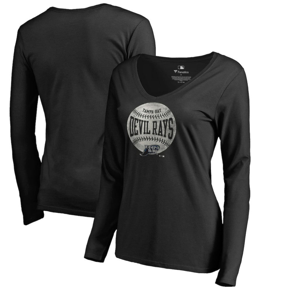 Black Tampa Bay Rays Women's Cooperstown Collection Slider Long Sleeve V-Neck T-Shirt
