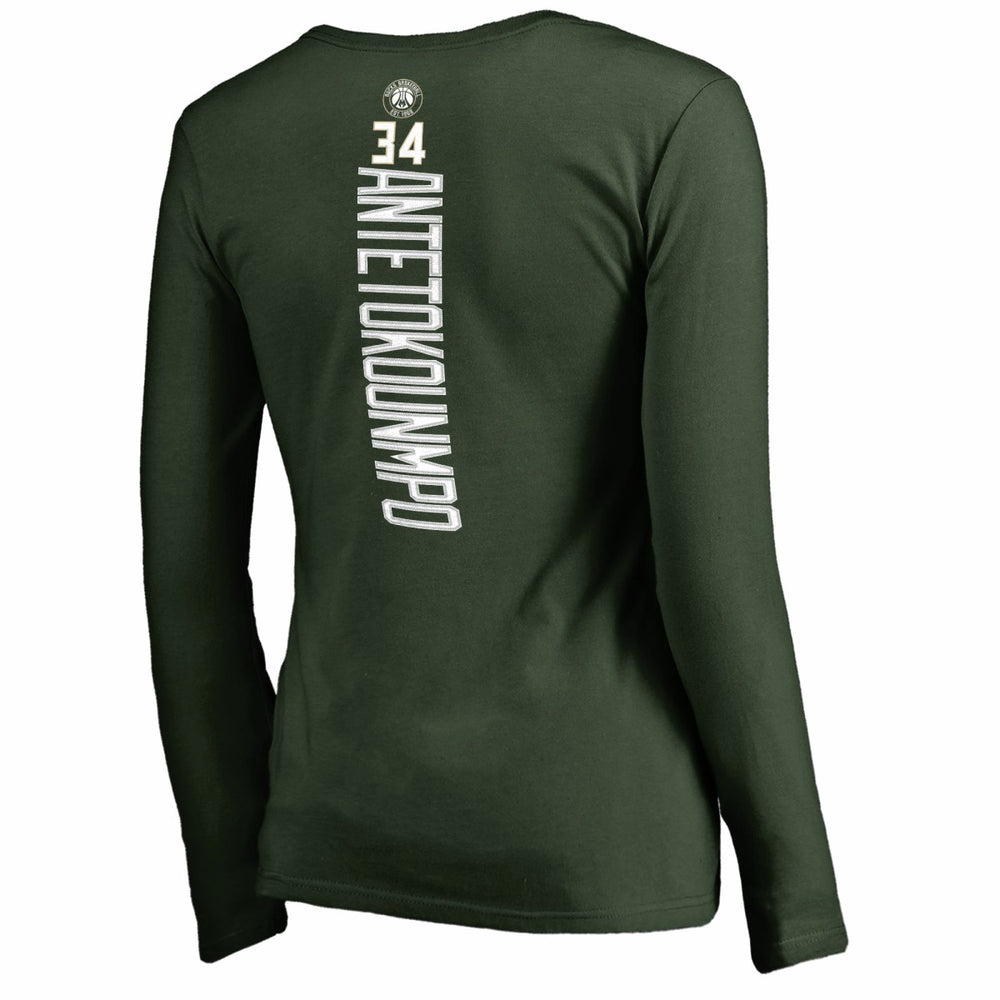 Giannis Antetokounmpo Milwaukee Bucks Women's Team Backer Name & Number Long Sleeve V-Neck T-Shirt