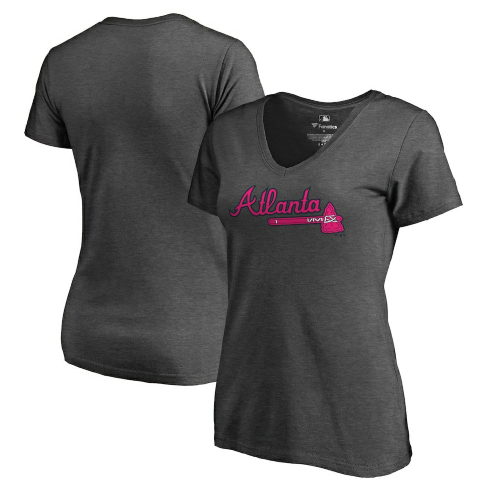Heathered Gray Atlanta Braves Women's Pink Wordmark V-Neck T-Shirt