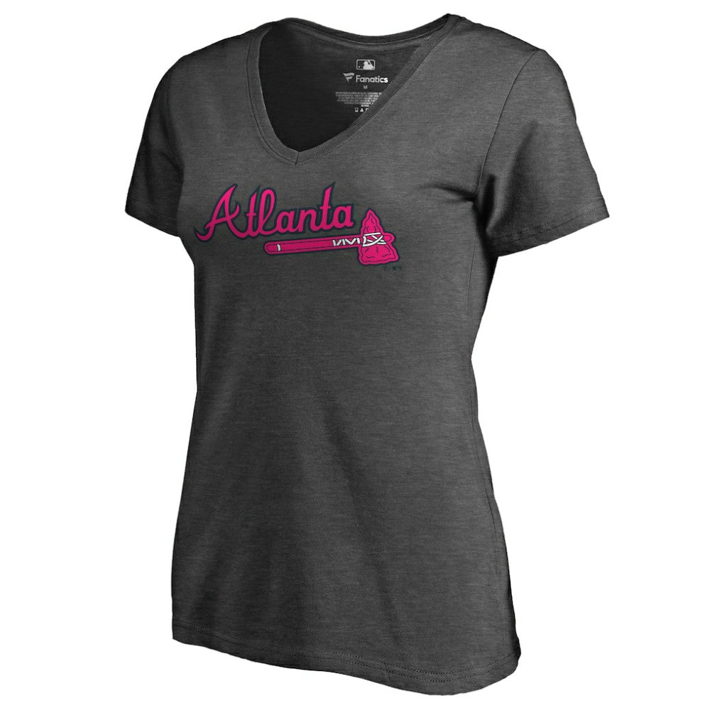 Heathered Gray Atlanta Braves Women's Pink Wordmark V-Neck T-Shirt