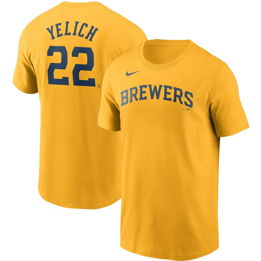 Gold Christian Yelich Milwaukee Brewers Nike Name & Number T-Shirt