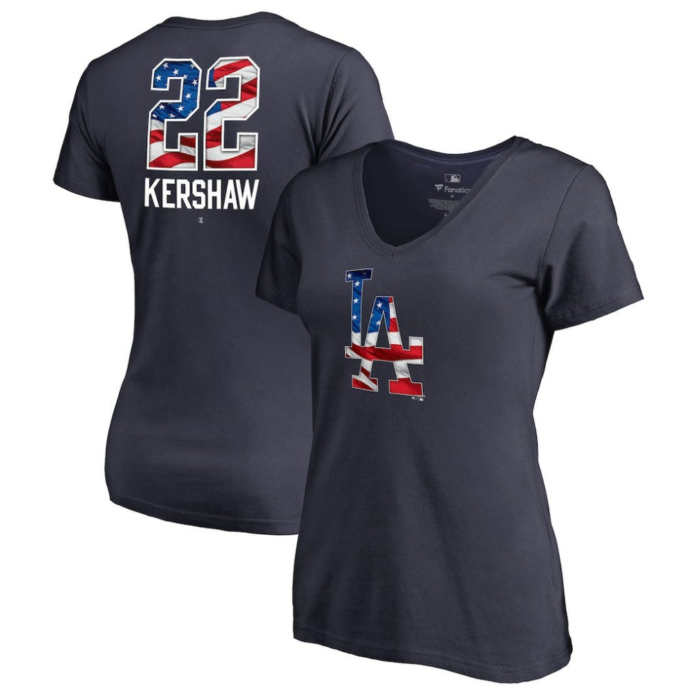 Navy Clayton Kershaw Los Angeles Dodgers Women's Banner Wave Name & Number V-Neck T-Shirt