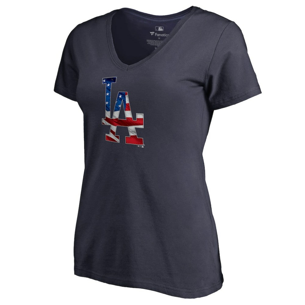 Navy Clayton Kershaw Los Angeles Dodgers Women's Banner Wave Name & Number V-Neck T-Shirt