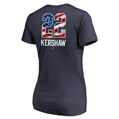 Navy Clayton Kershaw Los Angeles Dodgers Women's Banner Wave Name & Number V-Neck T-Shirt