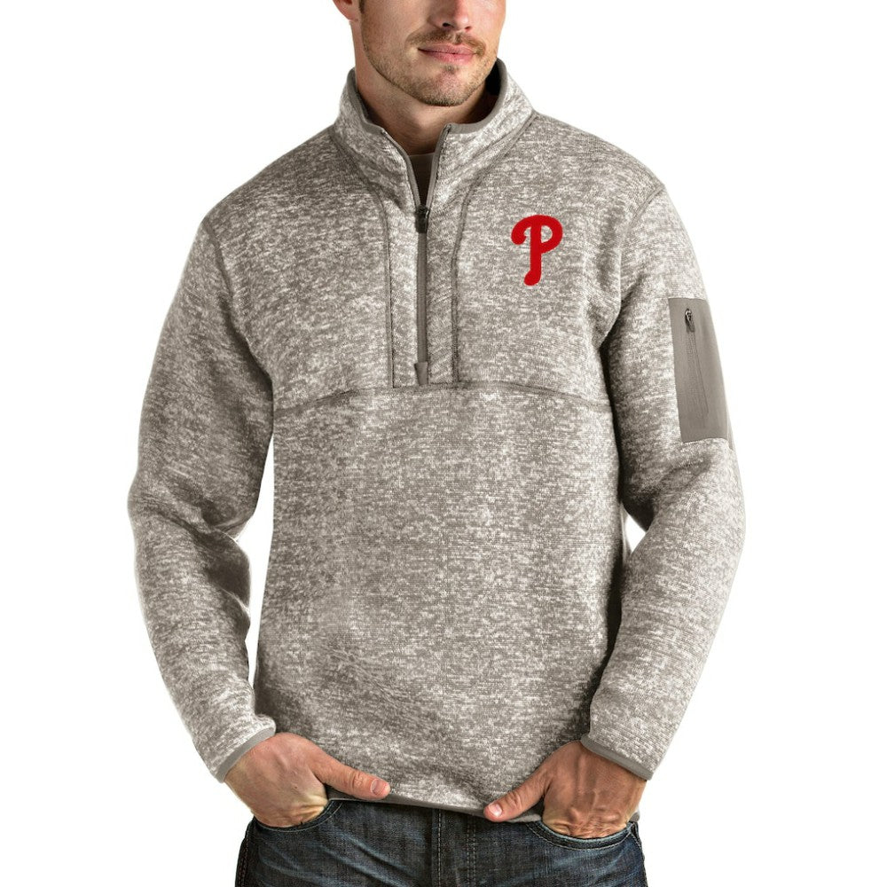 Oatmeal Philadelphia Phillies Antigua Fortune Quarter-Zip Pullover Jacket