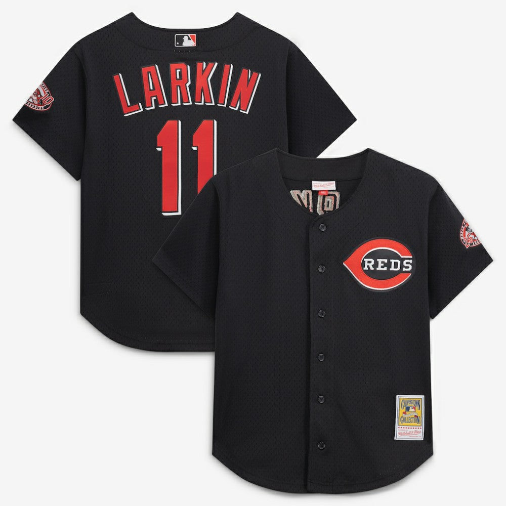 Black Barry Larkin Cincinnati Reds Mitchell & Ness Cooperstown Collection Mesh Batting Practice Button-Up Jersey