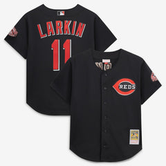 Black Barry Larkin Cincinnati Reds Mitchell & Ness Cooperstown Collection Mesh Batting Practice Button-Up Jersey