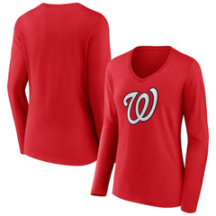 Red Washington Nationals Women's Official Logo Long Sleeve V-Neck T-Shirt