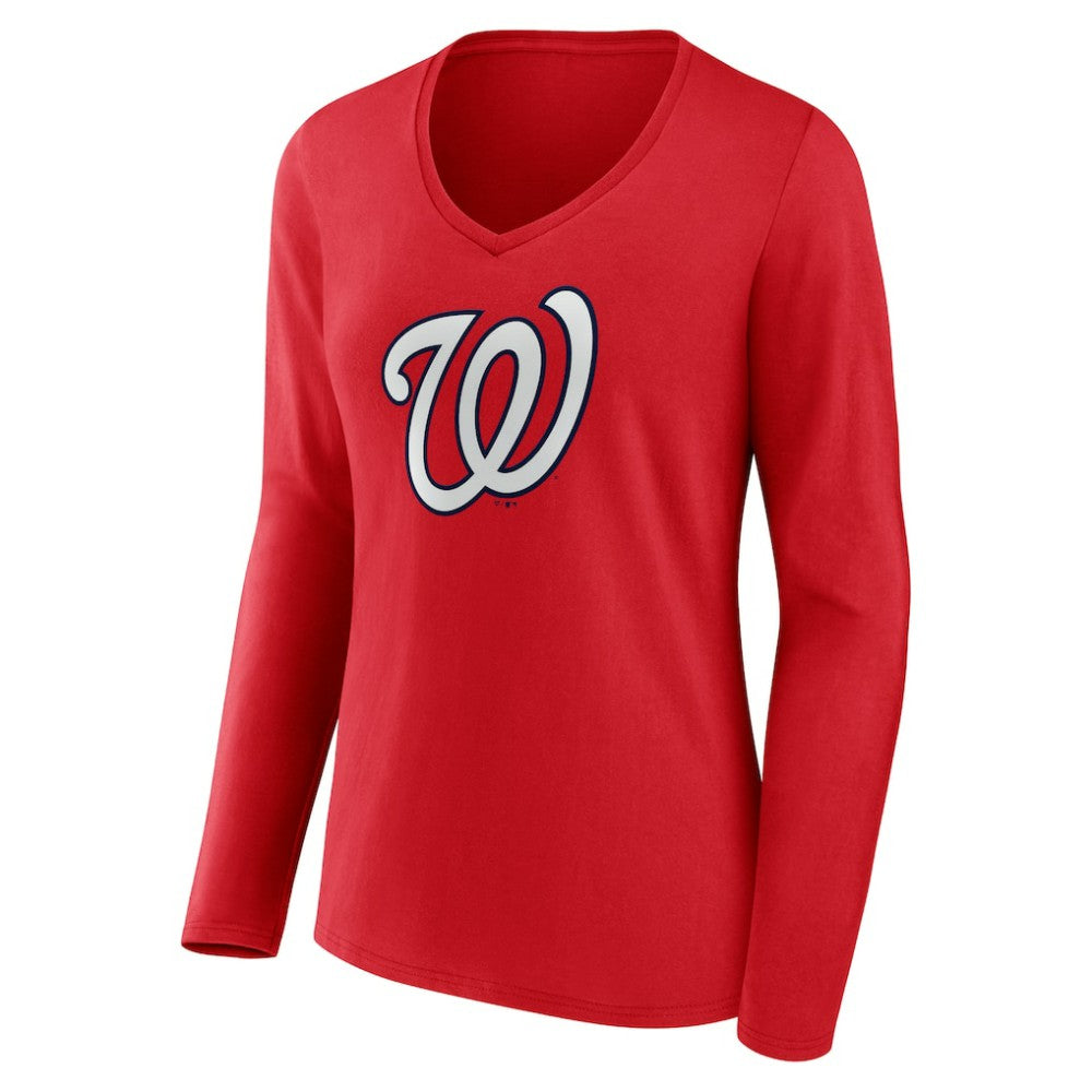 Red Washington Nationals Women's Official Logo Long Sleeve V-Neck T-Shirt