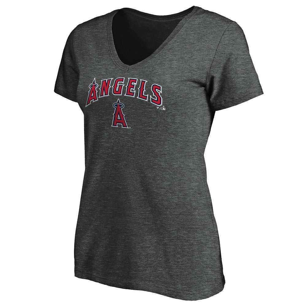 Heathered Charcoal Los Angeles Angels Fanatics Women's Team Logo Lockup V-Neck T-Shirt