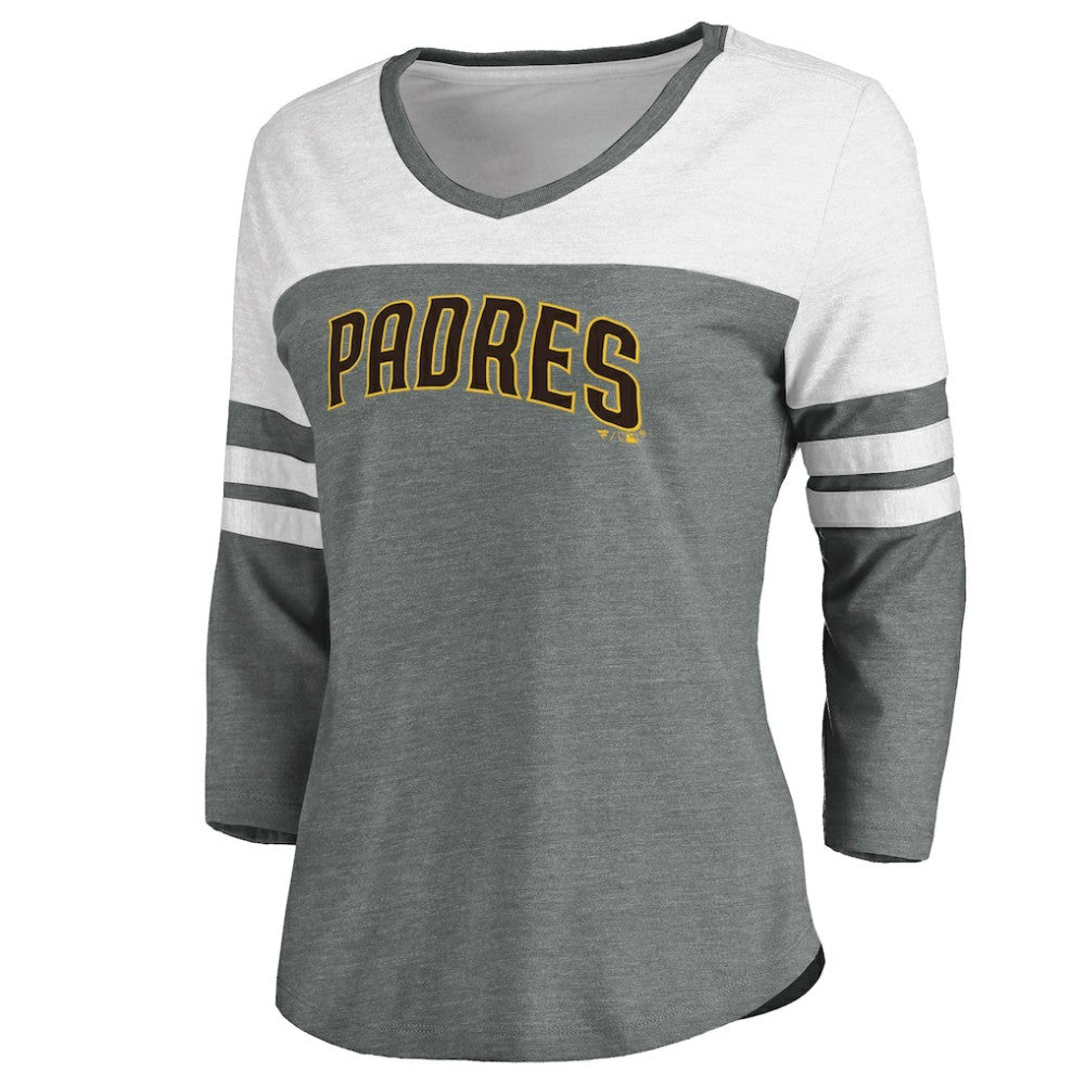 Heathered Gray/White San Diego Padres Fanatics Women's Official Wordmark 3/4 Sleeve V-Neck T-Shirt