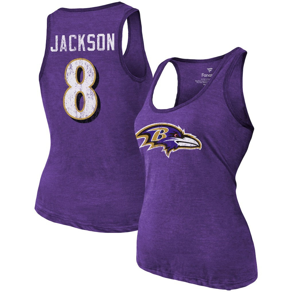 Lamar Jackson  Majestic Threads Women's Name & Number Tri-Blend Tank Top - Baltimore Ravens Tops