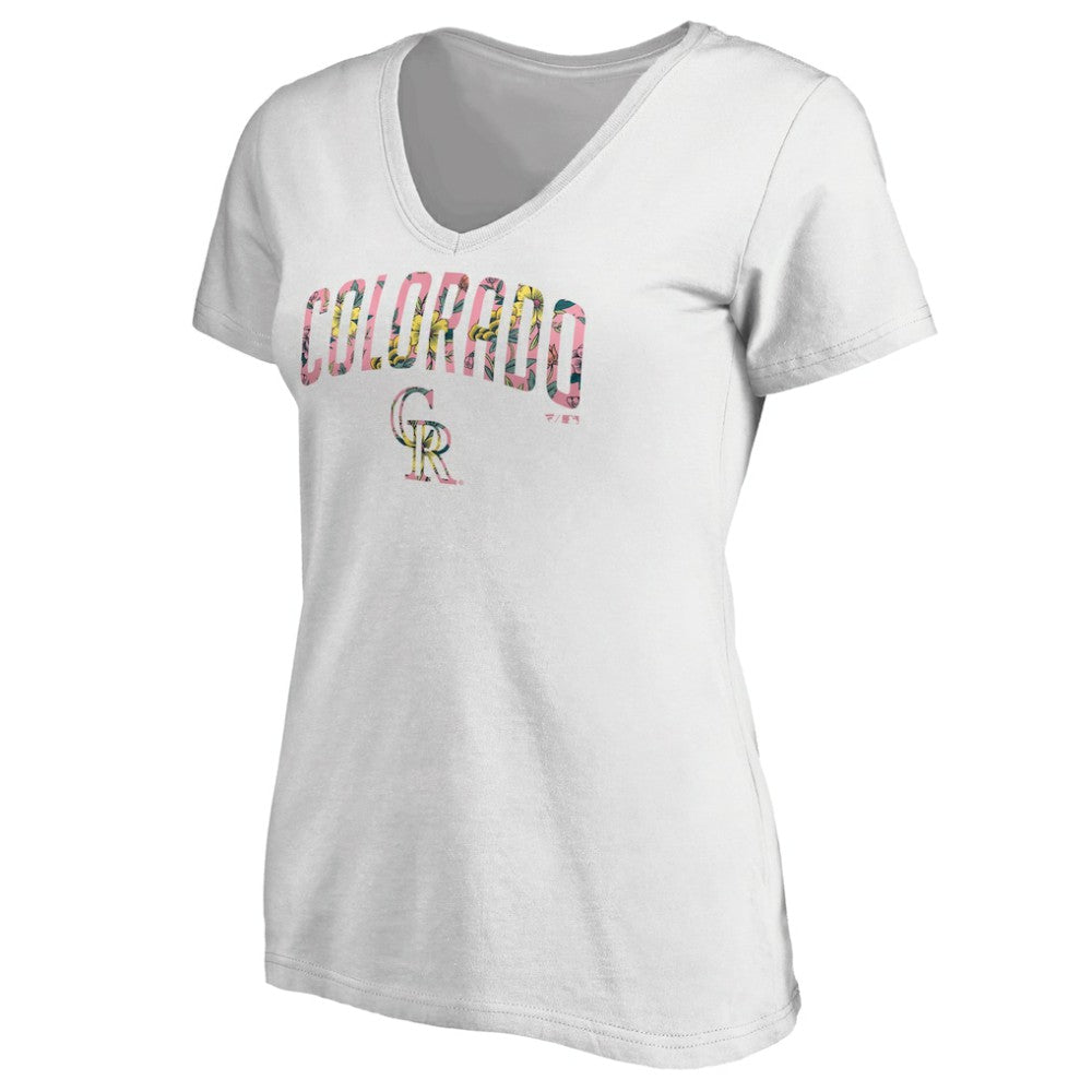 White Colorado Rockies Women's Floral Arched Logo V-Neck T-Shirt