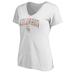 White Colorado Rockies Women's Floral Arched Logo V-Neck T-Shirt