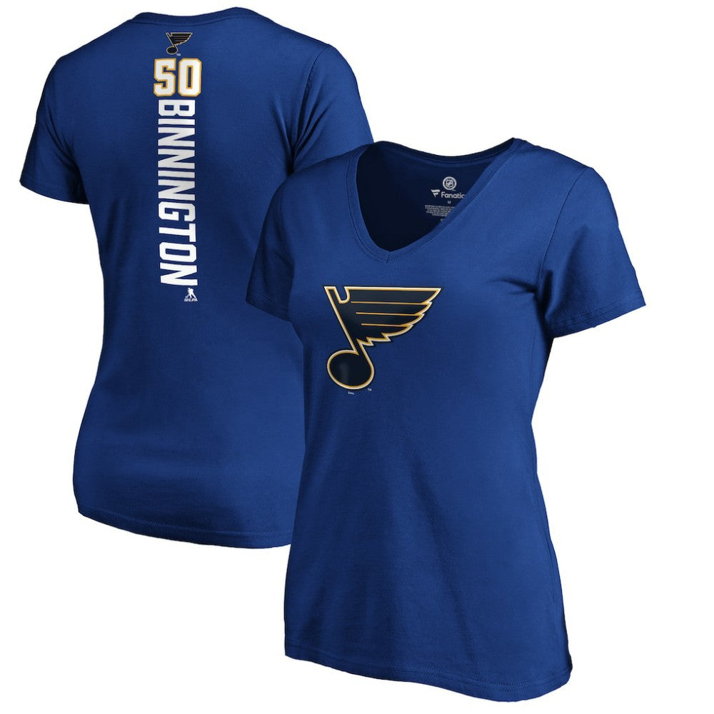 NHL Jordan Binnington St. Louis Blues Women's Playmaker V-Neck T-Shirt