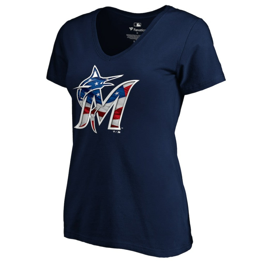 Navy Miami Marlins Logo Women's Banner Wave V-Neck T-Shirt