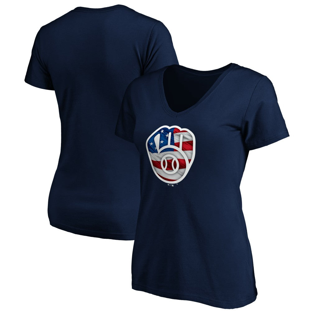 Navy Milwaukee Brewers Logo Women's Banner Wave V-Neck T-Shirt