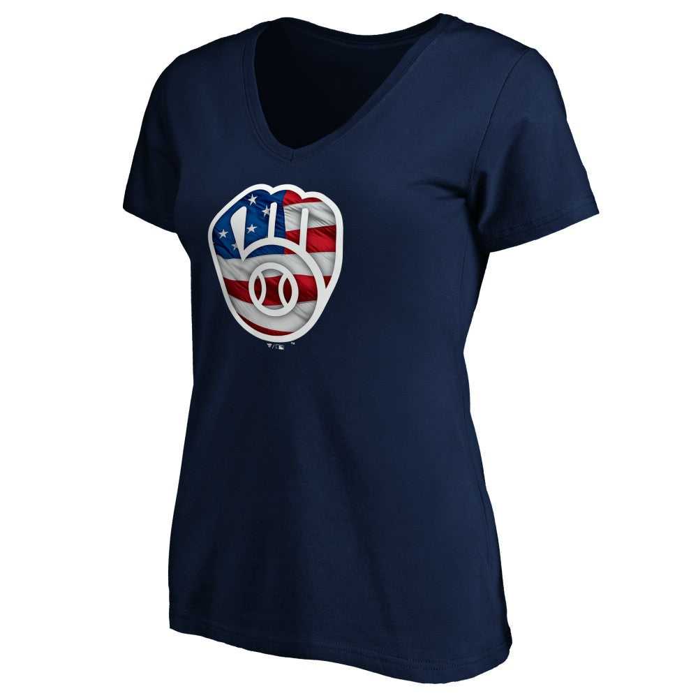 Navy Milwaukee Brewers Logo Women's Banner Wave V-Neck T-Shirt