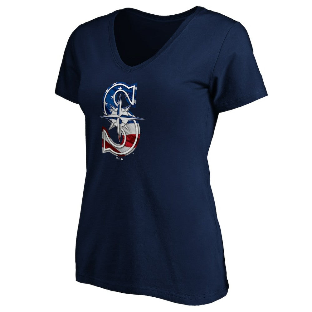 Navy Seattle Mariners Logo Women's Banner Wave V-Neck T-Shirt