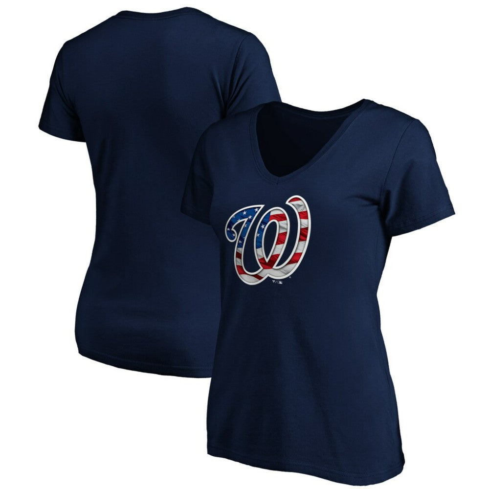 Navy Washington Nationals Logo Women's Banner Wave V-Neck T-Shirt