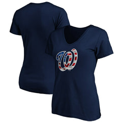 Navy Washington Nationals Logo Women's Banner Wave V-Neck T-Shirt