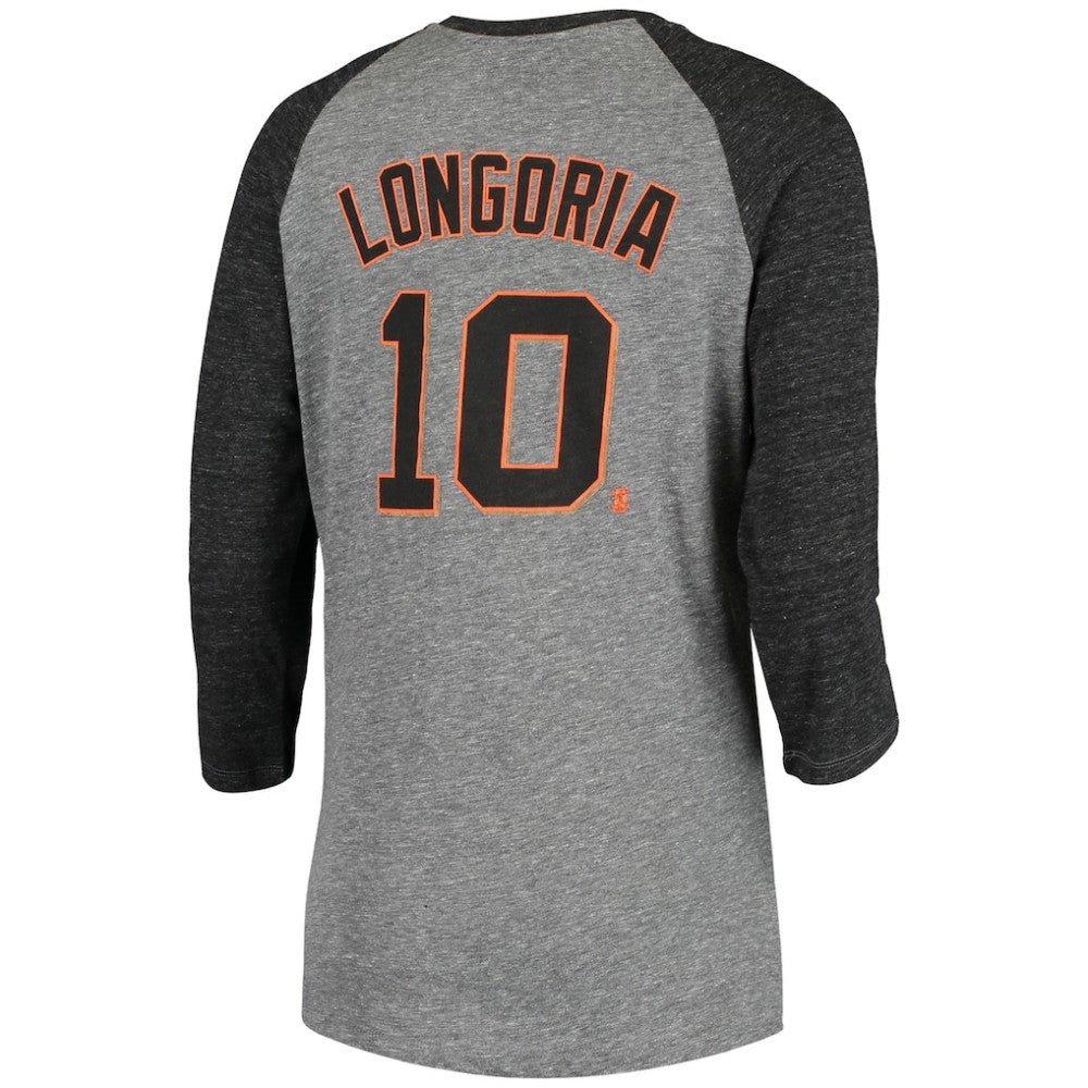 Gray Evan Longoria San Francisco Giants 5th & Ocean by New Era Women's Script Name & Number Raglan Tri-Blend 3/4-Sleeve T-Shirt
