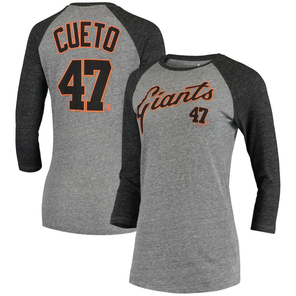 Gray Johnny Cueto San Francisco Giants 5th & Ocean by New Era Women's Script Name & Number Raglan Tri-Blend 3/4-Sleeve T-Shirt