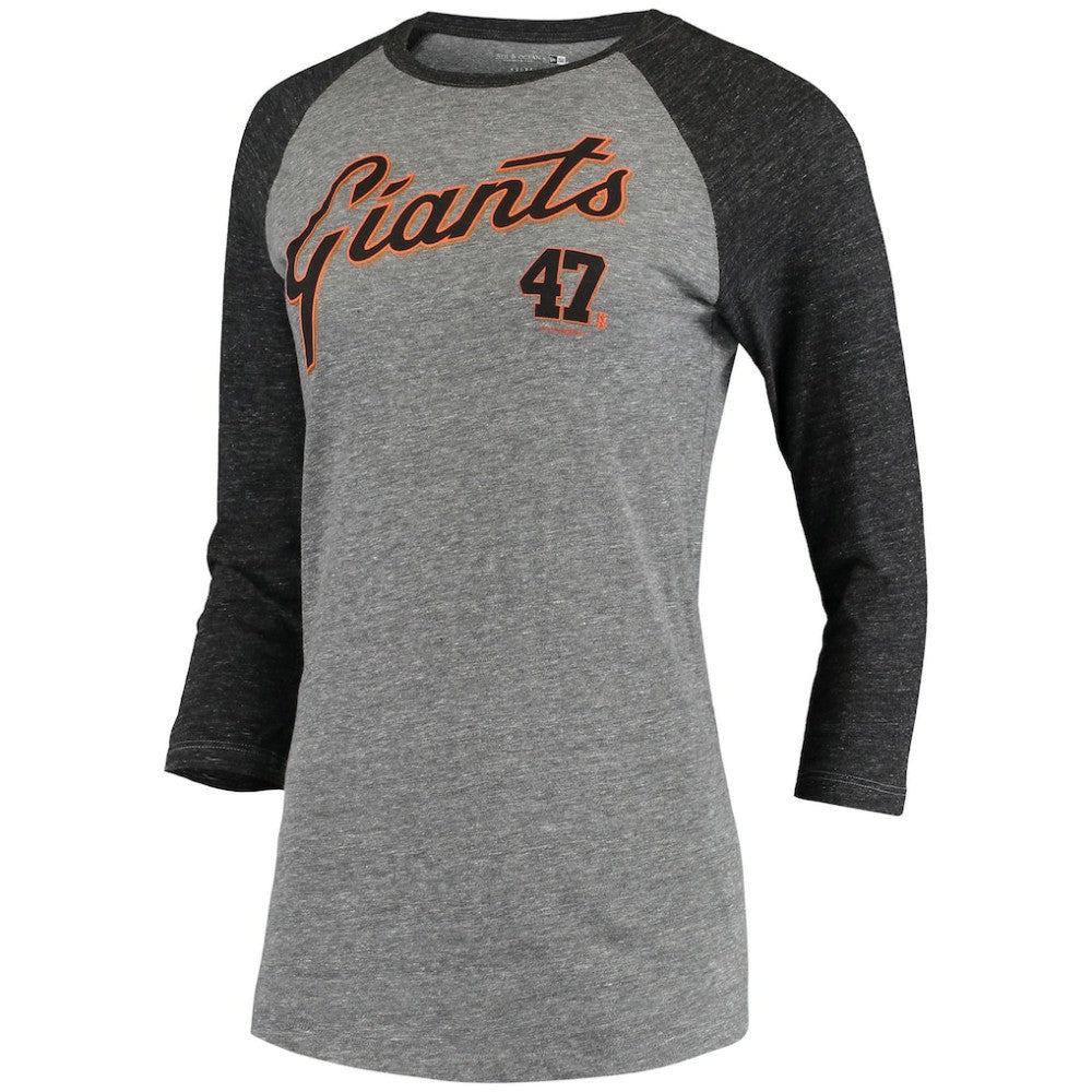 Gray Johnny Cueto San Francisco Giants 5th & Ocean by New Era Women's Script Name & Number Raglan Tri-Blend 3/4-Sleeve T-Shirt