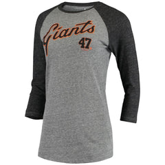 Gray Johnny Cueto San Francisco Giants 5th & Ocean by New Era Women's Script Name & Number Raglan Tri-Blend 3/4-Sleeve T-Shirt