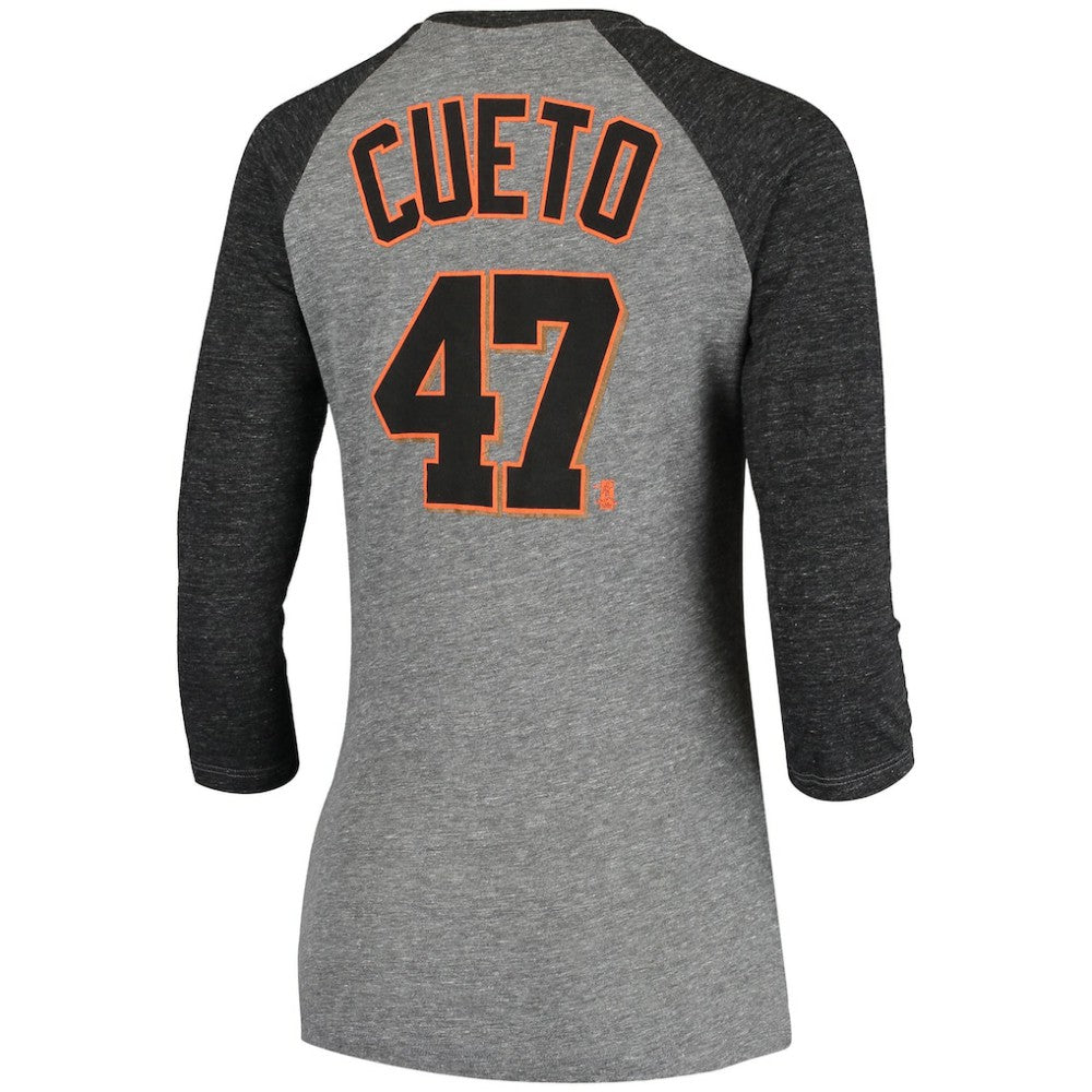 Gray Johnny Cueto San Francisco Giants 5th & Ocean by New Era Women's Script Name & Number Raglan Tri-Blend 3/4-Sleeve T-Shirt