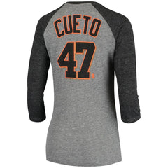 Gray Johnny Cueto San Francisco Giants 5th & Ocean by New Era Women's Script Name & Number Raglan Tri-Blend 3/4-Sleeve T-Shirt